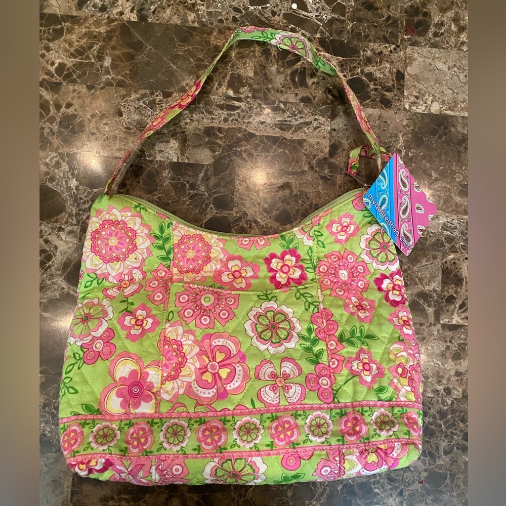 Vibrant Floral Shoulder Quilted Bag in Green and Pink